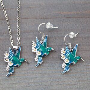 Necklace/Earrings Jewelry Sets Blue/Green Hummingbird Style Silver